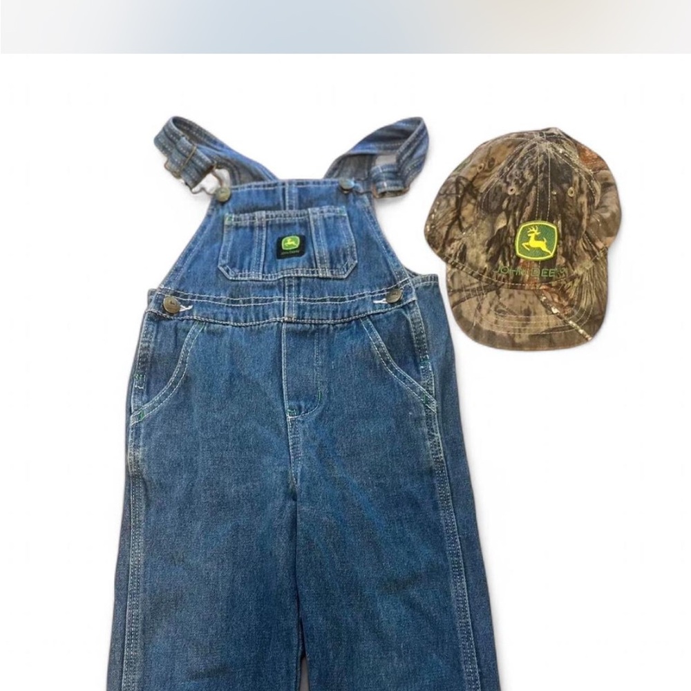 John Deere Blue Overalls with Camo Hat